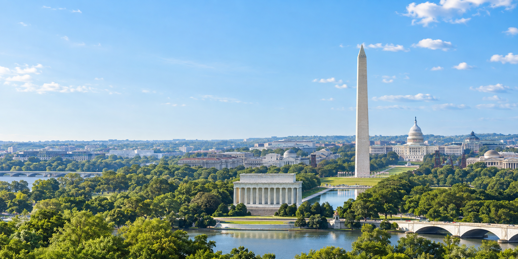 AI-generated Washington, D.C. panorama with the Lincoln Memorial, Washington Monument, and U.S. Capitol beneath a blue sky